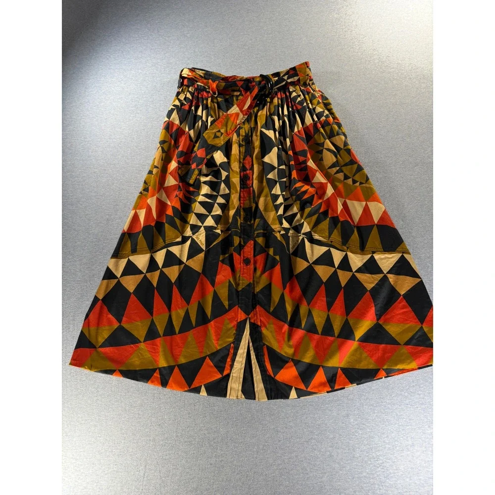 Farm Rio Geometric Triangle Print Button Front Belted Midi Skirt Orange Small